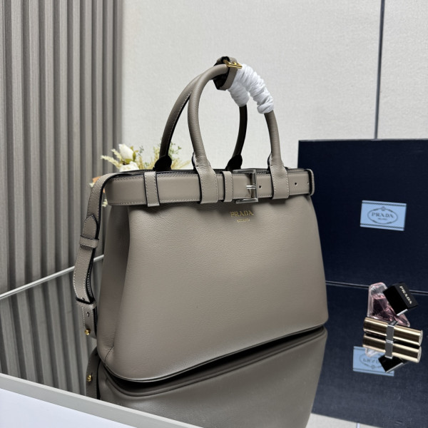 Pra*a buckle large leather handbag with belt-32*23*11cm