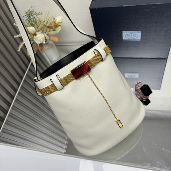 Pra*a buckle leather bucket bag with jeweled belt